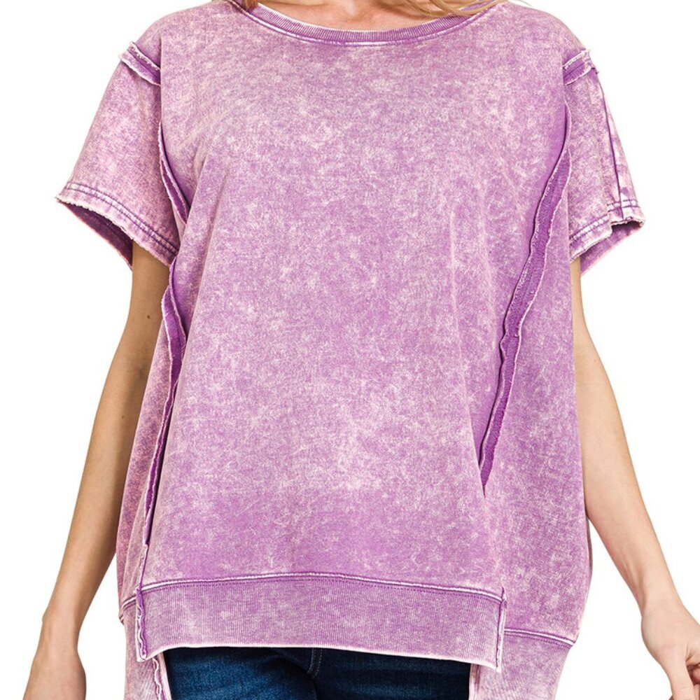 Zenana French Terry Acid Washed Short Sleeve HI-LOW Top, Violet